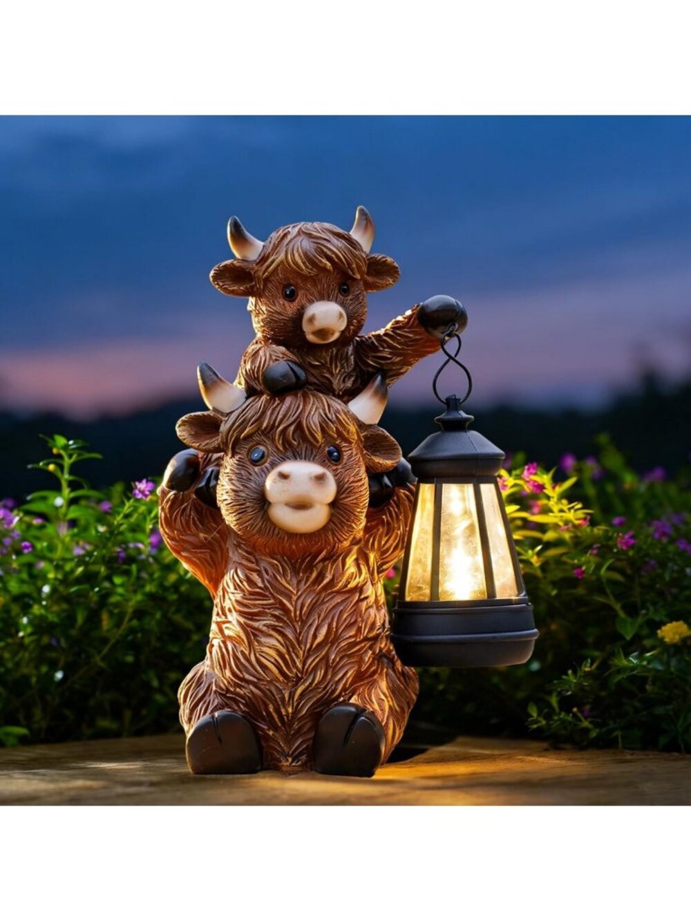 Charming Highland Cow Garden Statue with Solar Lantern - Outdoor Decor Accent